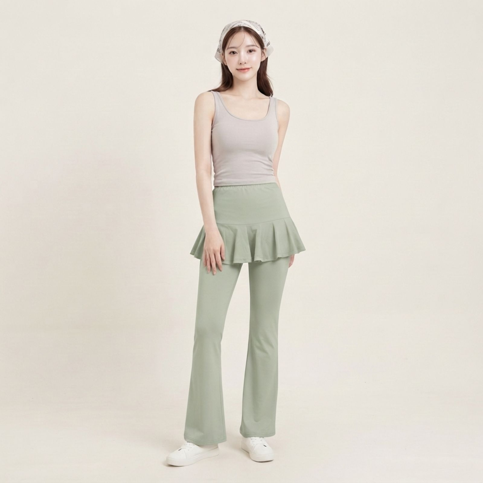 Ruffle Jersey Pants Wanita Korean Style SAGE
