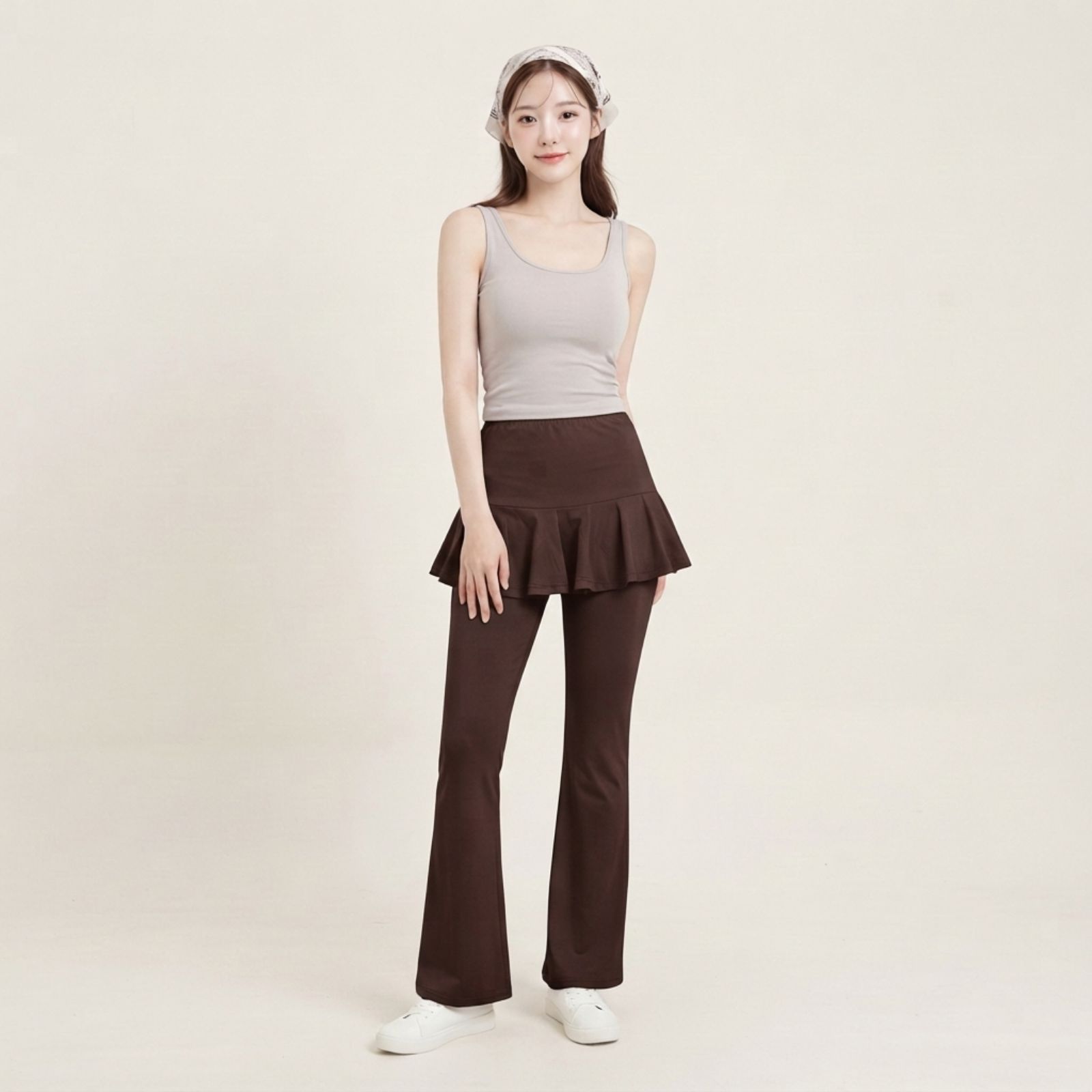 Ruffle Jersey Pants Wanita Korean Style MAHOGANY