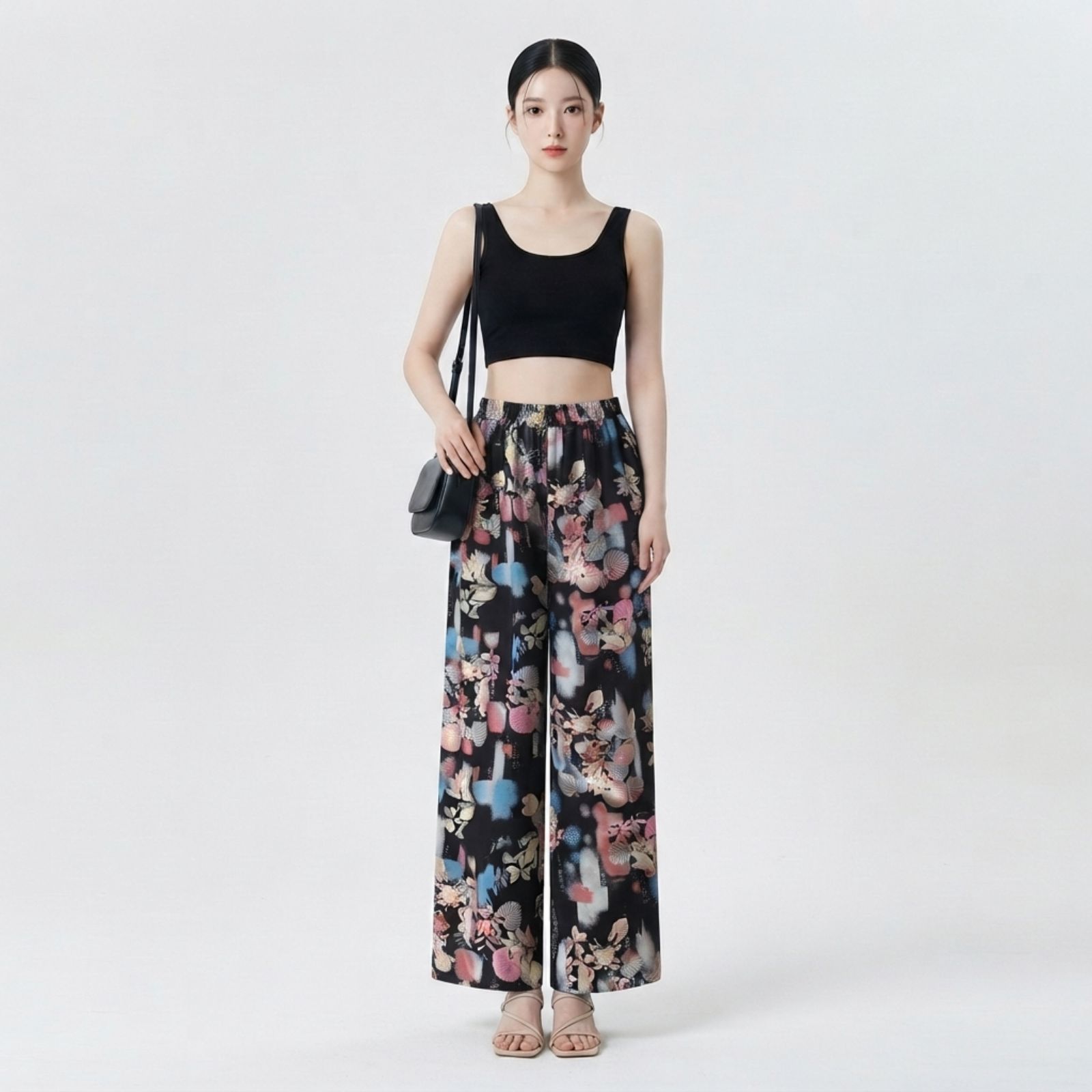 Naira Floral Rayon Pants Wanita – Wide Leg Adem & Flowing BLUE