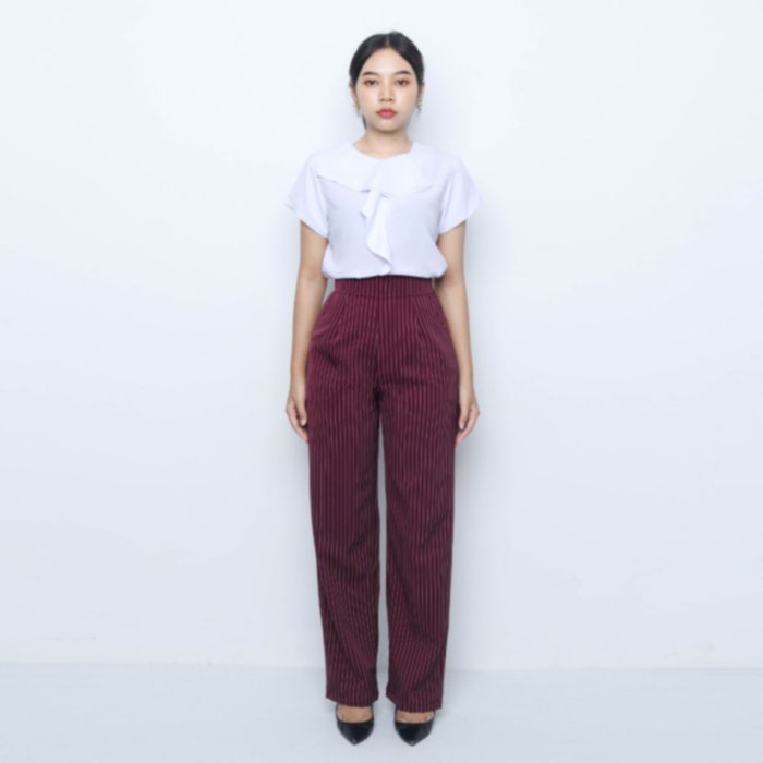 Loose Pants Highwaist Stripe Line - Maroon