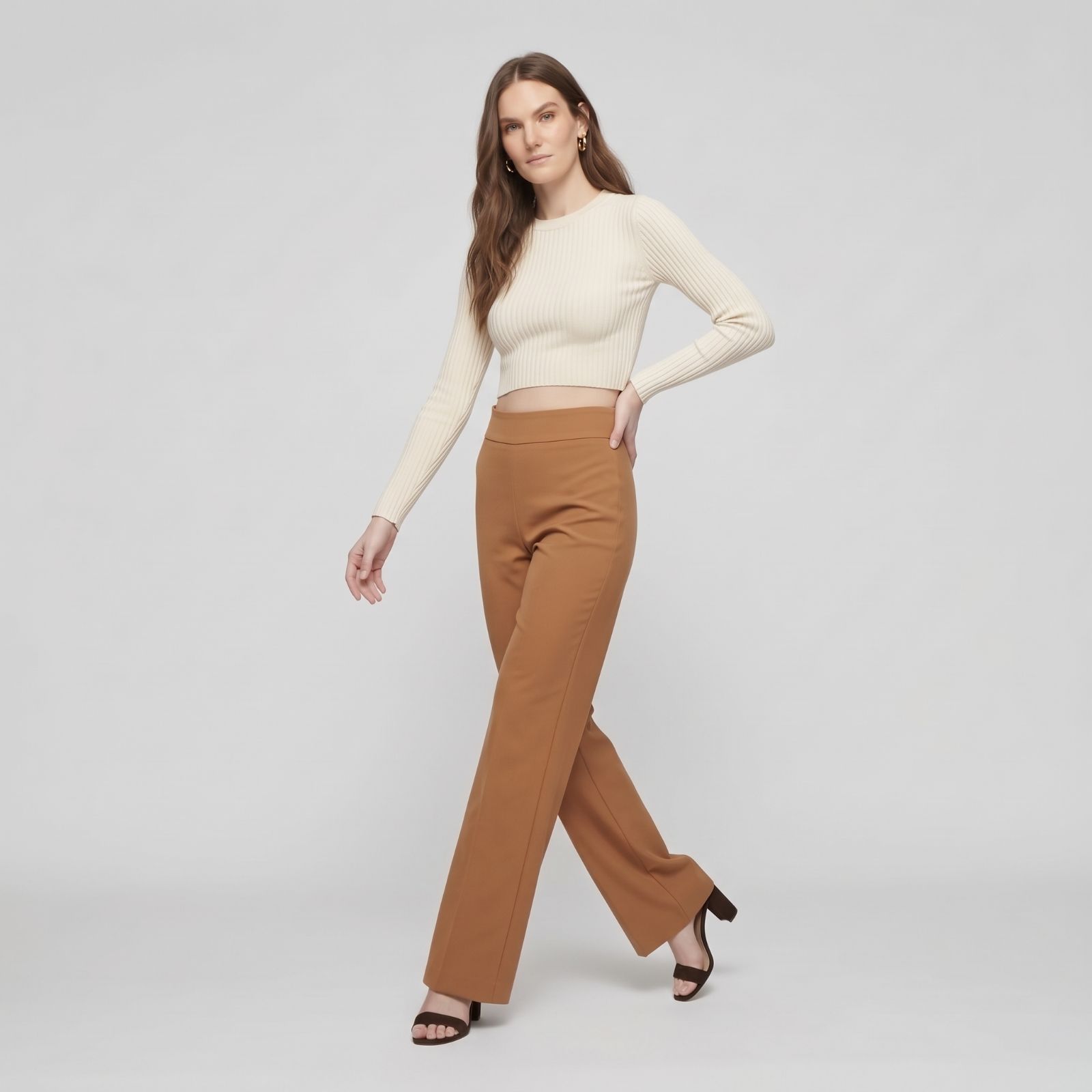 Felicia Pants - Straight Cut Scuba Material Trousers CARAMEL