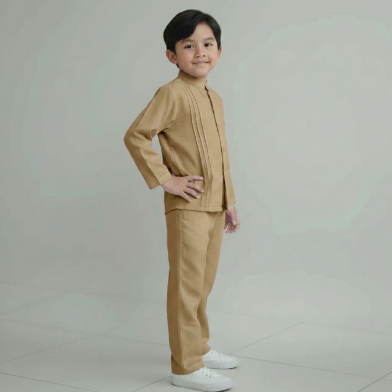 Baju Koko Anak Laki-Laki Lengan Panjang Manasik Haji | Baju Koko Bahan Katun Adem KHAKI
