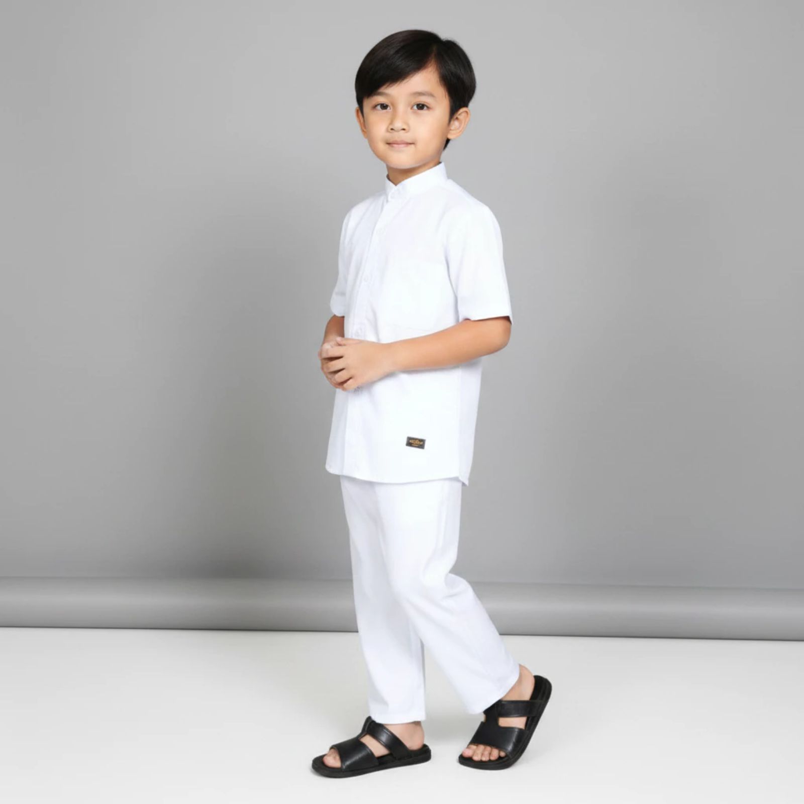 Setelan Baju Koko Putih Anak Laki-Laki Lengan Pendek Kerah Sanghai dan Celana Panjang | Baju Manasik Anak PUTIH