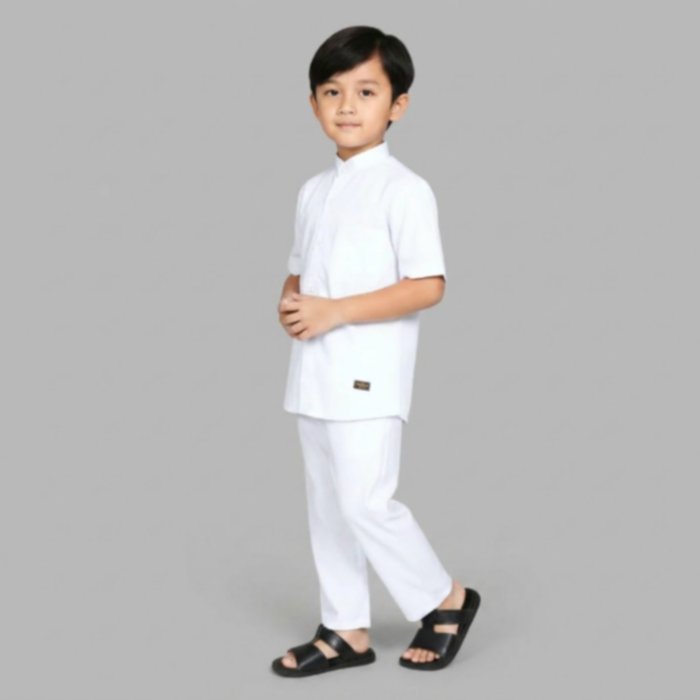 Setelan Baju Koko Putih Anak Laki-Laki Lengan Pendek Kerah Sanghai dan Celana Panjang | Baju Manasik Anak