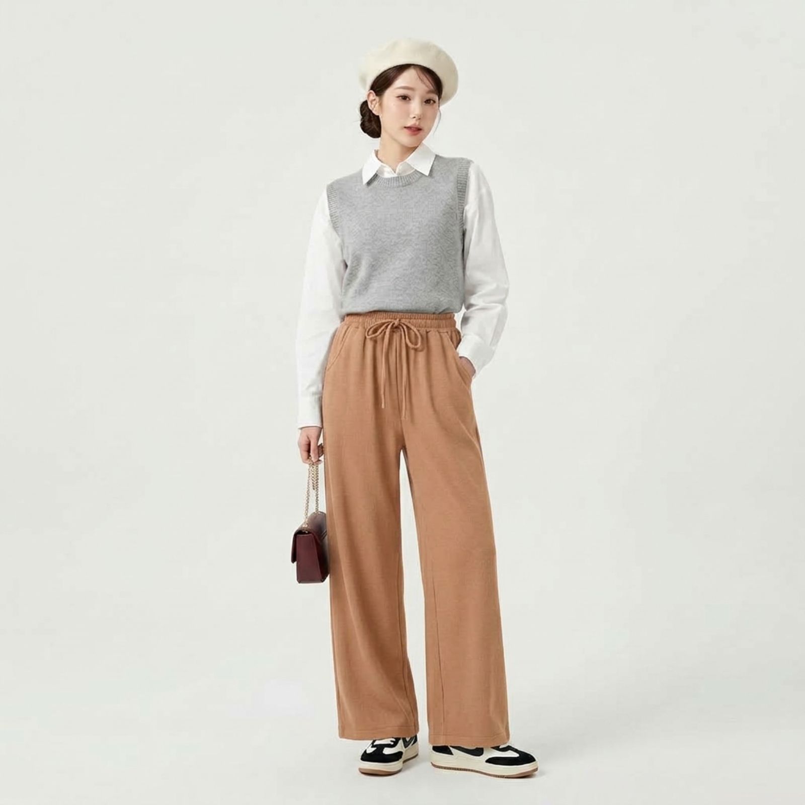 Celana Knit Pants Highwaist Wanita - Loose Pants Basic Stretch Premium Korean By Youniq LATTE