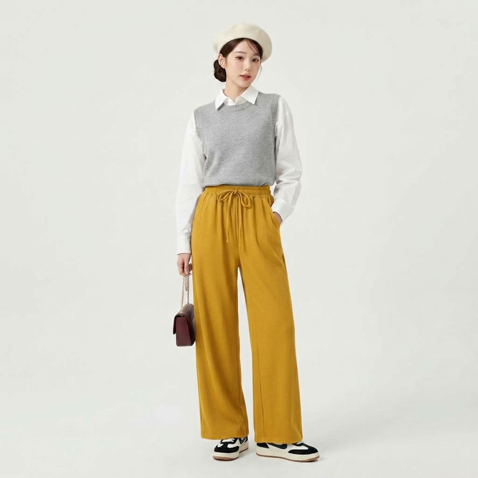 Celana Knit Pants Highwaist Wanita - Loose Pants Basic Stretch Premium Korean By Youniq MUSTARD