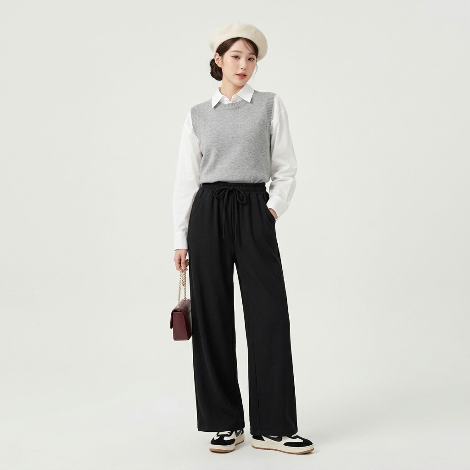 Celana Knit Pants Highwaist Wanita - Loose Pants Basic Stretch Premium Korean By Youniq HITAM