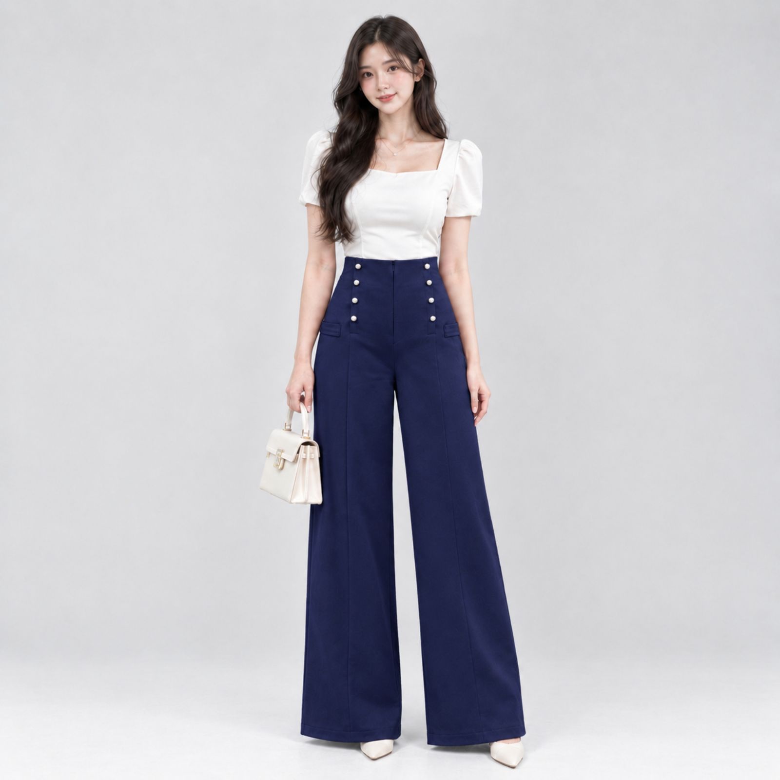 Yoona Celana Kulot Highwaist Wanita Kancing | Highwaist Long Pants Button NAVY