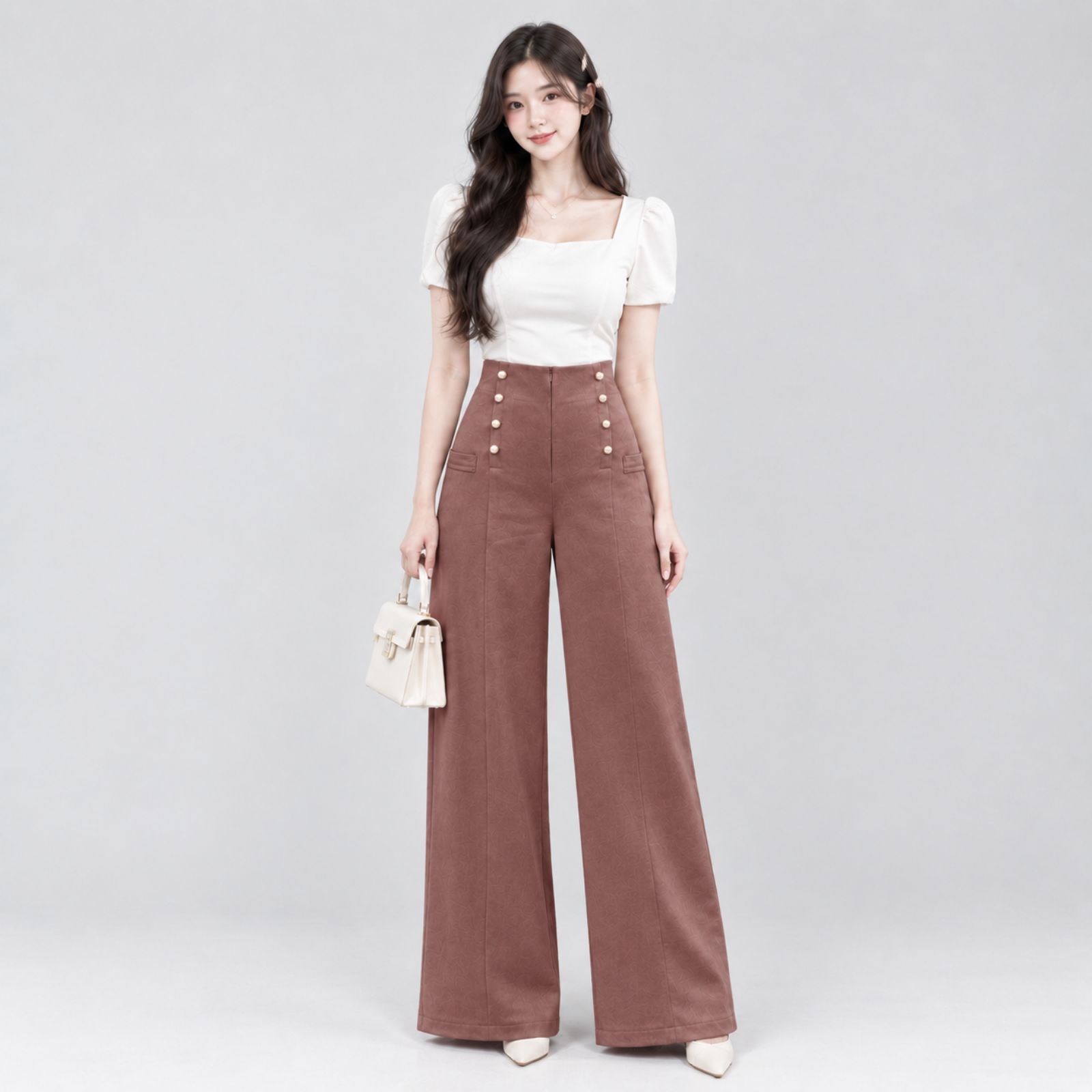Yoona Celana Kulot Highwaist Wanita Kancing | Highwaist Long Pants Button LATTE