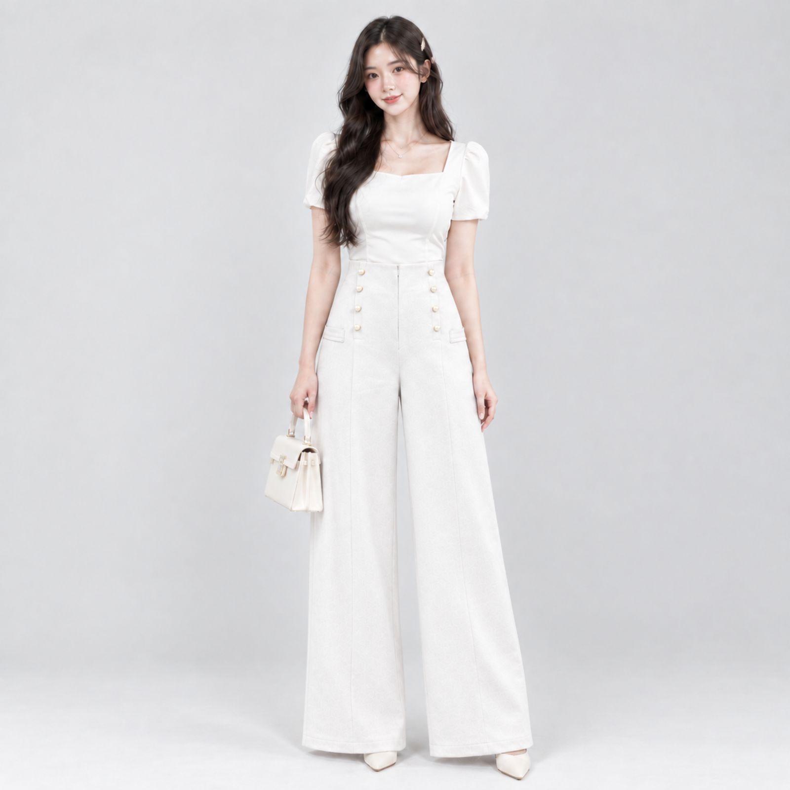 Yoona Celana Kulot Highwaist Wanita Kancing | Highwaist Long Pants Button PUTIH