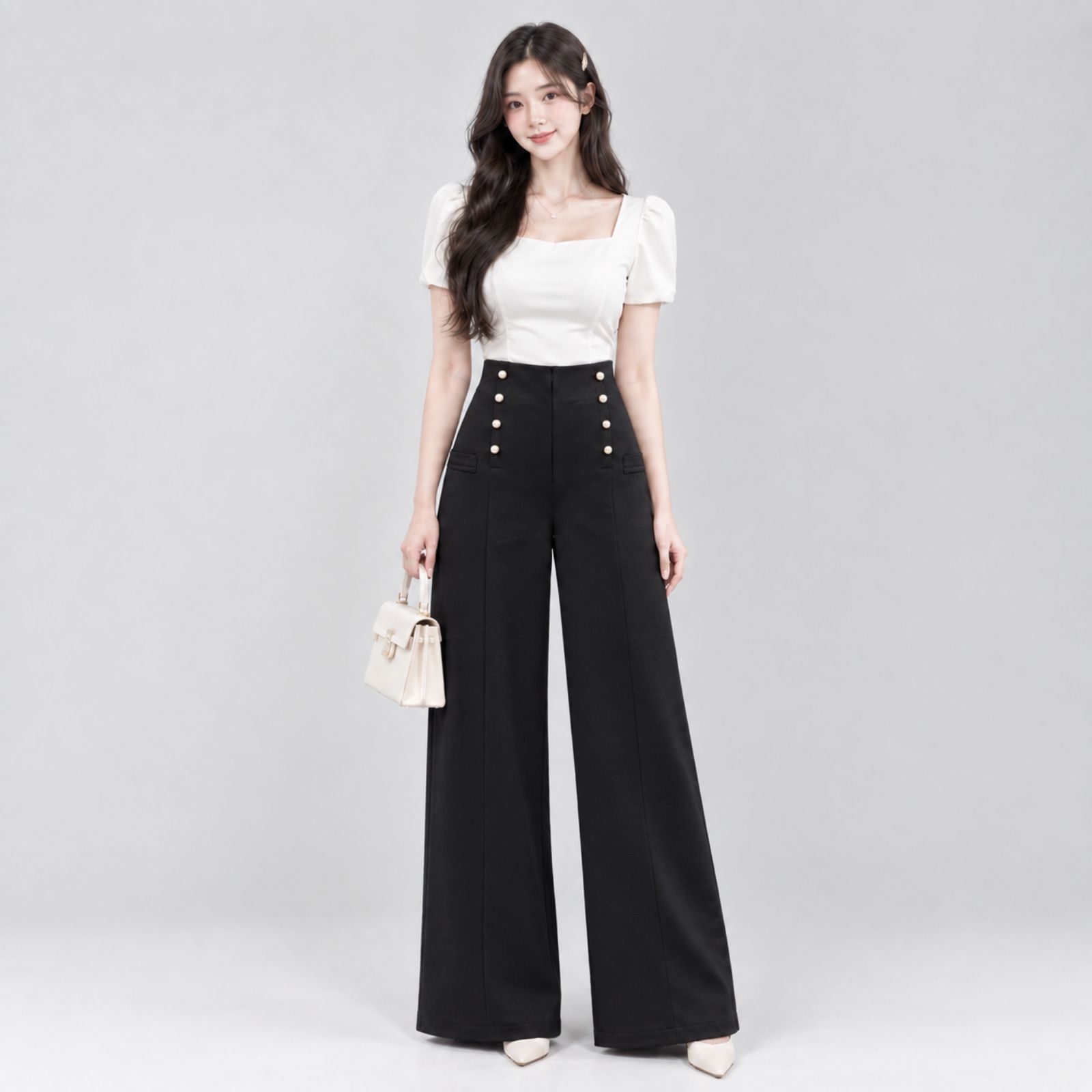 Yoona Celana Kulot Highwaist Wanita Kancing | Highwaist Long Pants Button HITAM