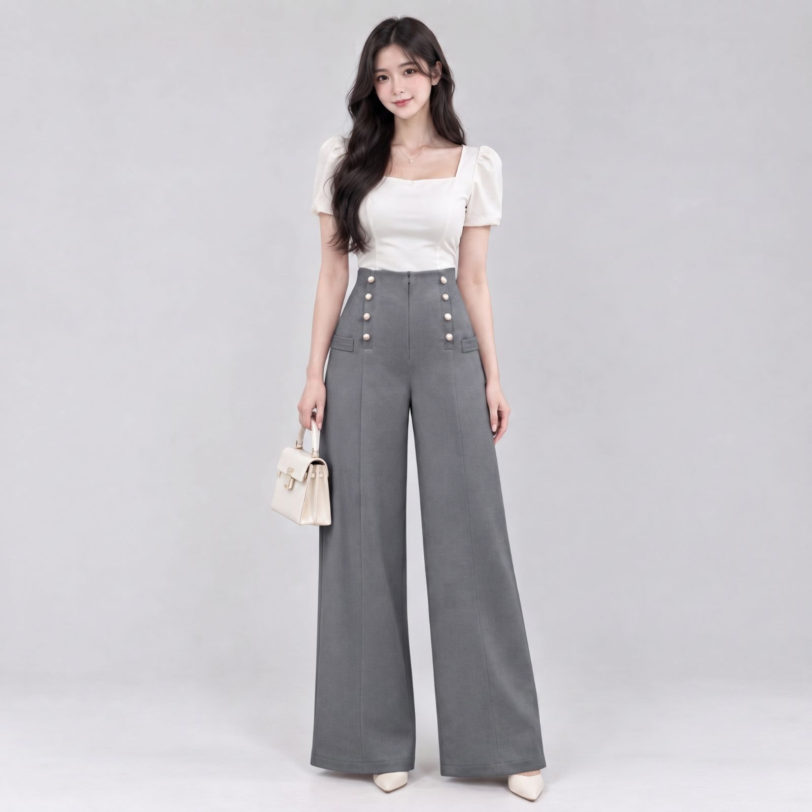Yoona Celana Kulot Highwaist Wanita Kancing | Highwaist Long Pants Button GREY