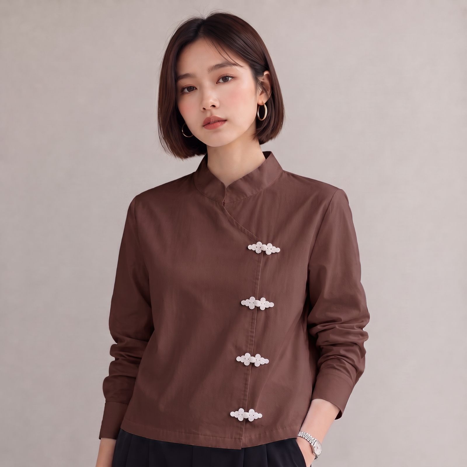Atasan Blouse Wanita Lengan Panjang Model Cheongsam Kerah Shanghai Bahan Poplin Premium by YOUNIQ MAHOGANY