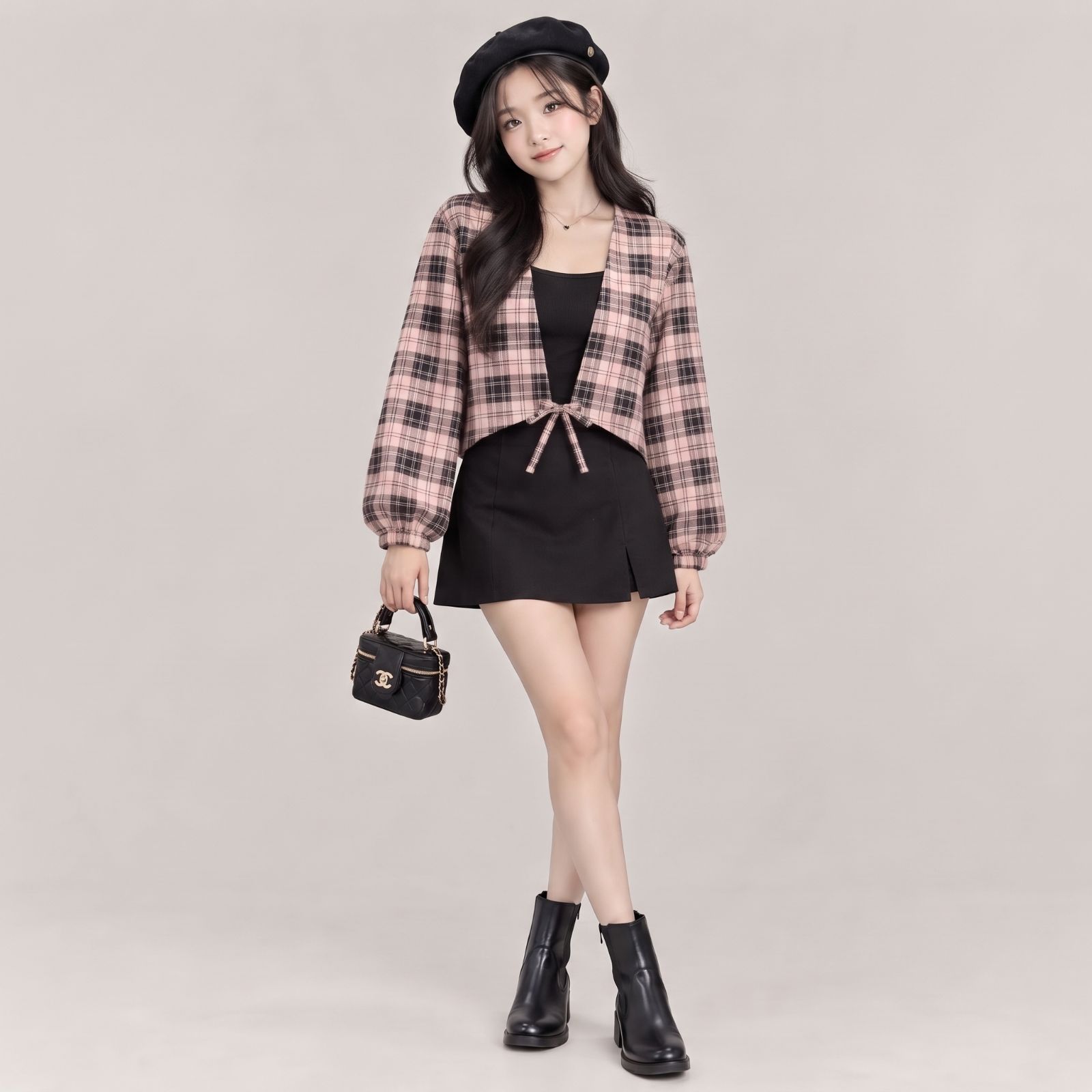 Paula Outer Crop Lengan Balon By YOUNIQ TARTAN PEACH