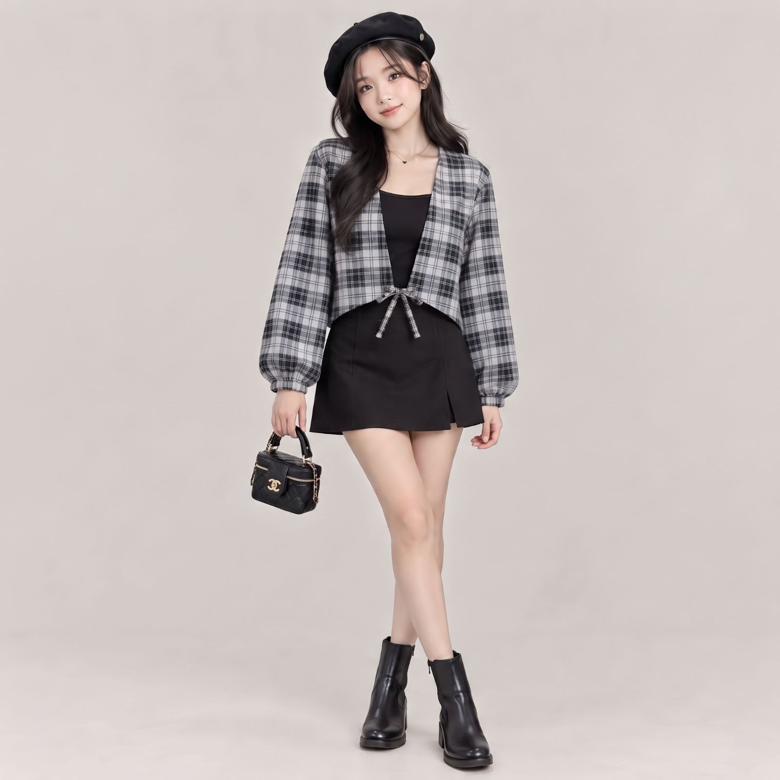 Paula Outer Crop Lengan Balon By YOUNIQ TARTAN GREY
