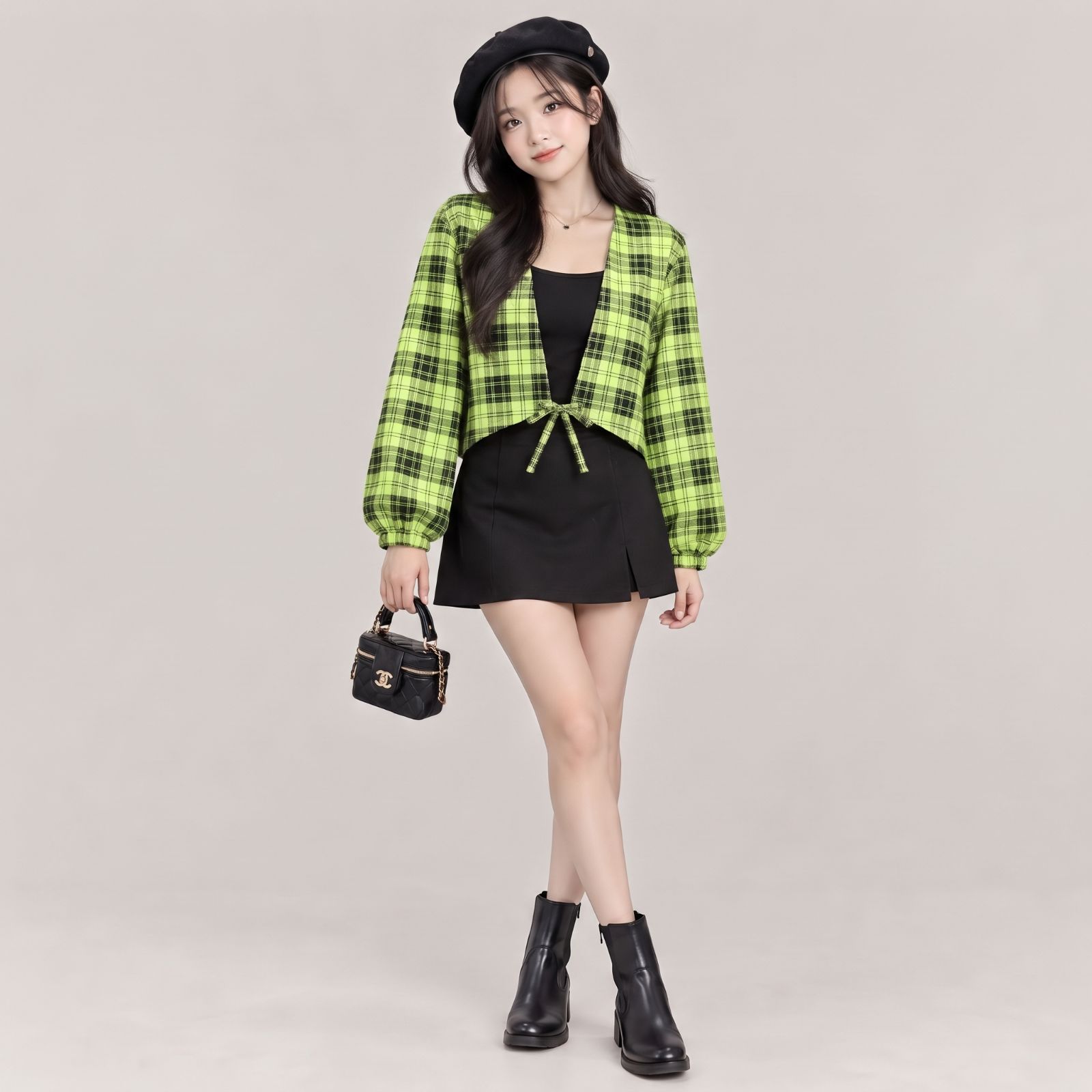 Paula Outer Crop Lengan Balon By YOUNIQ TARTAN OLIVE