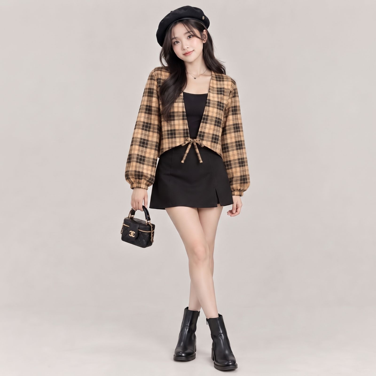Paula Outer Crop Lengan Balon By YOUNIQ TARTAN CREAM
