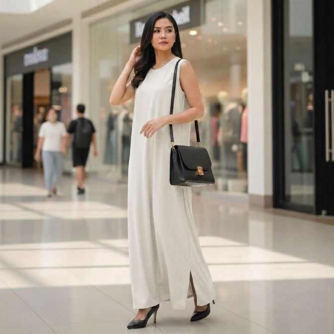 INNER DRESS WANITA TANPA LENGAN | INNER DRESS BAHAN JERSEY BROKEN WHITE
