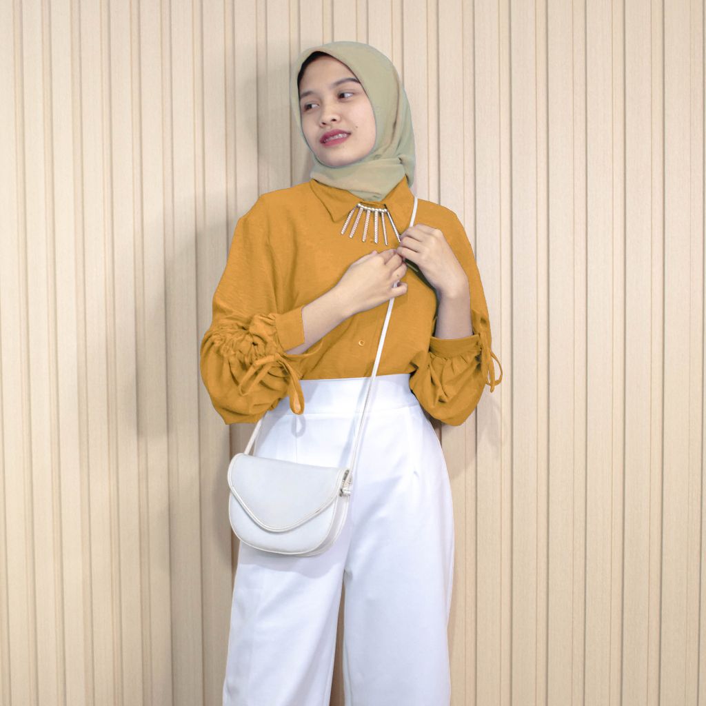 Nadin Crinkle Blouse / Atasan Wanita Crinkle Lengan Serut Aktif MUSTARD