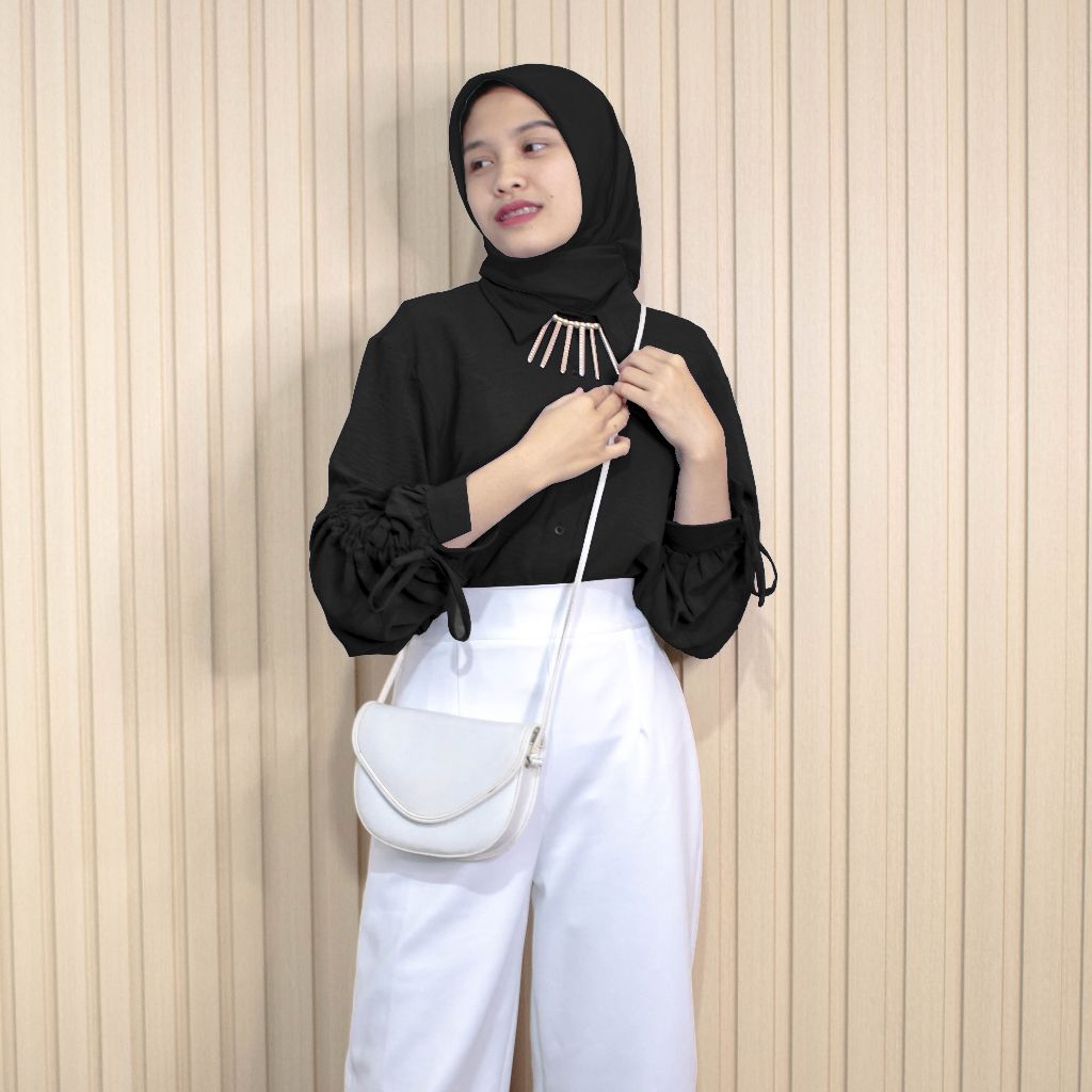 Nadin Crinkle Blouse / Atasan Wanita Crinkle Lengan Serut Aktif HITAM