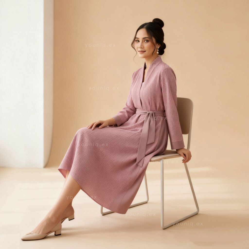 Lona Kimono Tunik Midi Dress | Tunik Wanita Simple Kekinian by Youniq DUSTY X PEACH