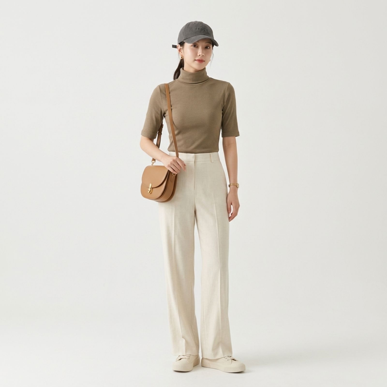 TURTLENECK RAJUT/KNIT WANITA LENGAN PENDEK RIB POLOS PREMIUM BY YOUNIQ LATTE