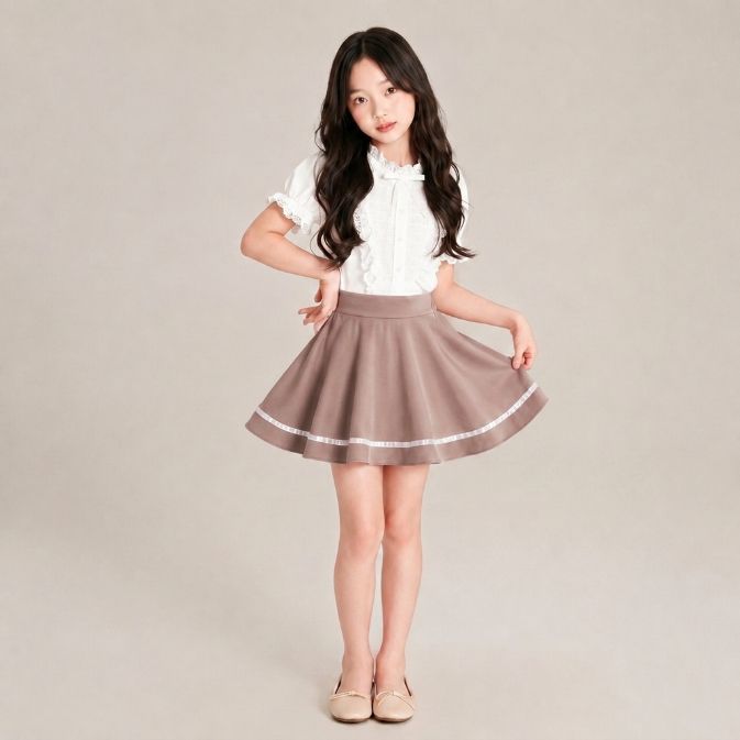 Sweet Ribbon A-Line Skirt – Rok Mini High Waist Wanita dengan Detail Pita Putih LATTE