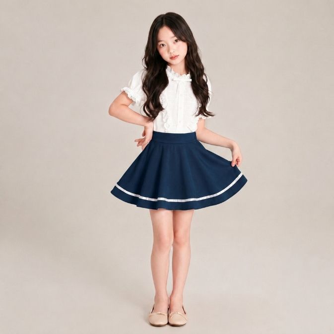 Sweet Ribbon A-Line Skirt – Rok Mini High Waist Wanita dengan Detail Pita Putih NAVY