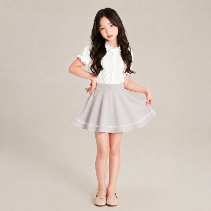 Sweet Ribbon A-Line Skirt – Rok Mini High Waist Wanita dengan Detail Pita Putih GREY