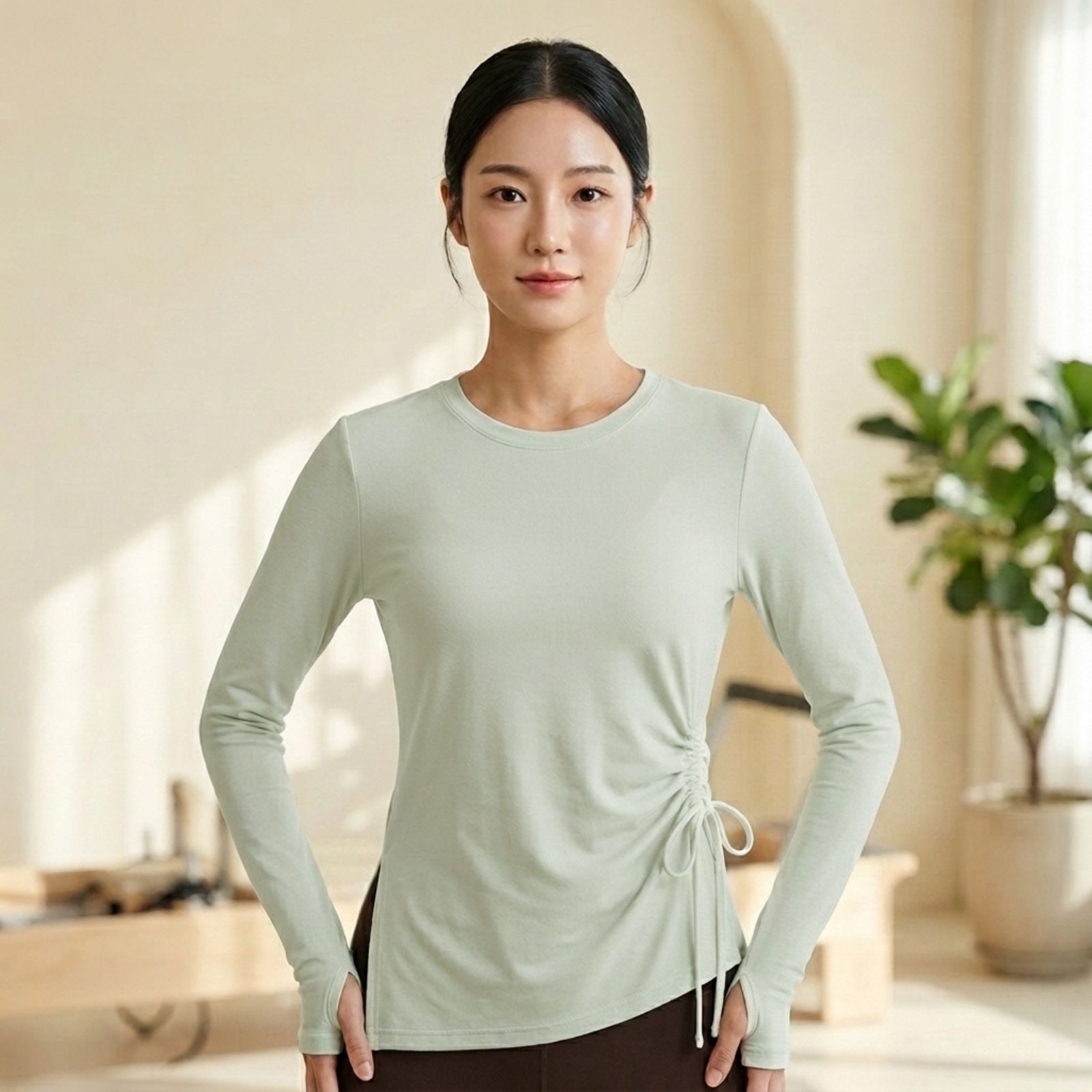 Nara Ruched Sport Top Wanita | Atasan Olahraga Lengan Panjang | Baju Yoga Pilates Gym | Drawstring SAGE
