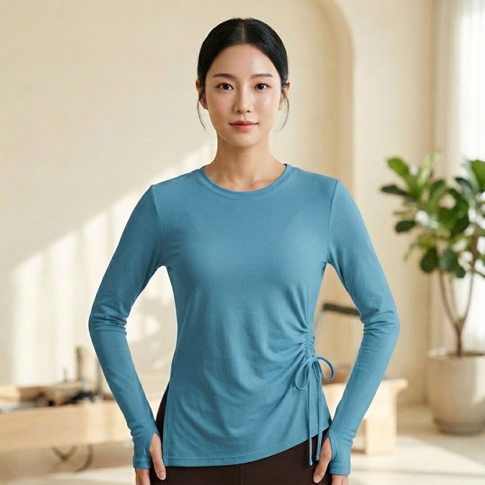 Nara Ruched Sport Top Wanita | Atasan Olahraga Lengan Panjang | Baju Yoga Pilates Gym | Drawstring BLUE