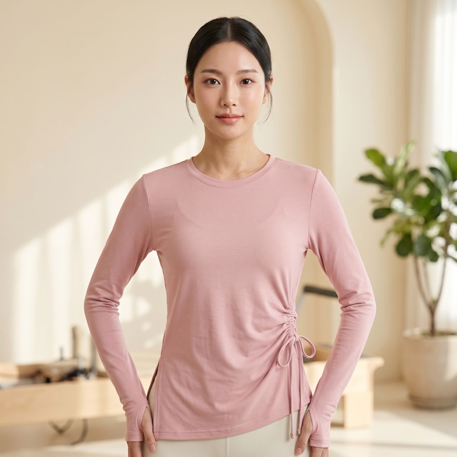 Nara Ruched Sport Top Wanita | Atasan Olahraga Lengan Panjang | Baju Yoga Pilates Gym | Drawstring DUSTY