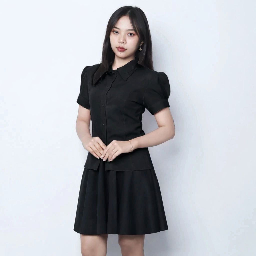 Elya Blouse Formal Kasual Wanita – Kancing Depan Lengan Puff Stylish – Model Slim Fit by Knara BLACK