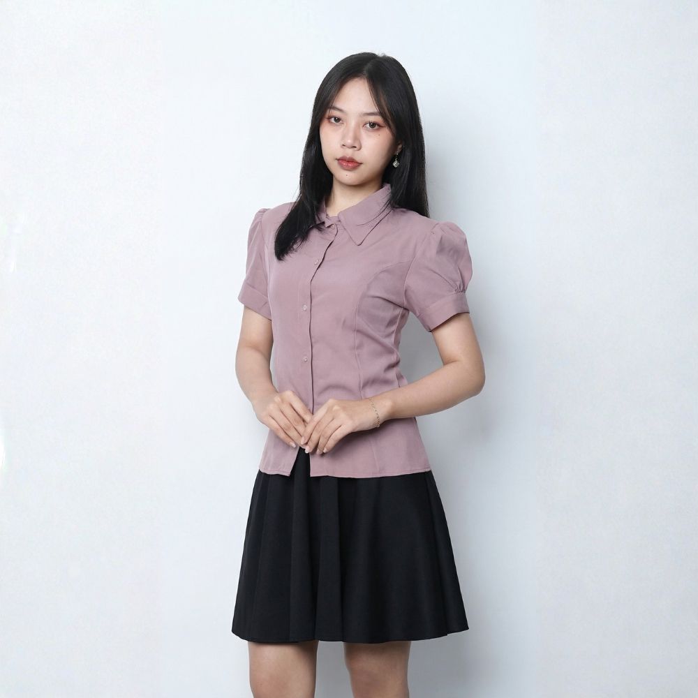 Elya Blouse Formal Kasual Wanita – Kancing Depan Lengan Puff Stylish – Model Slim Fit by Knara VIOLET