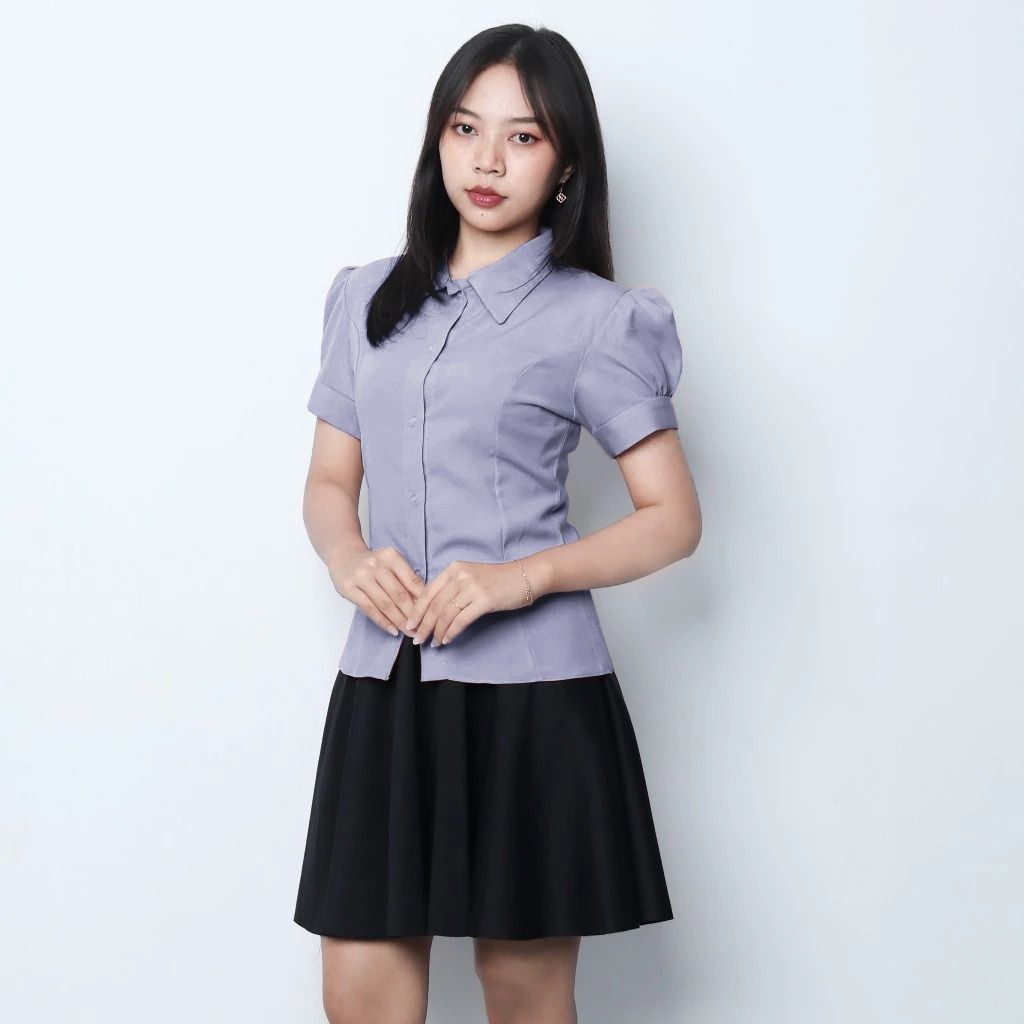 Elya Blouse Formal Kasual Wanita – Kancing Depan Lengan Puff Stylish – Model Slim Fit by Knara GREY