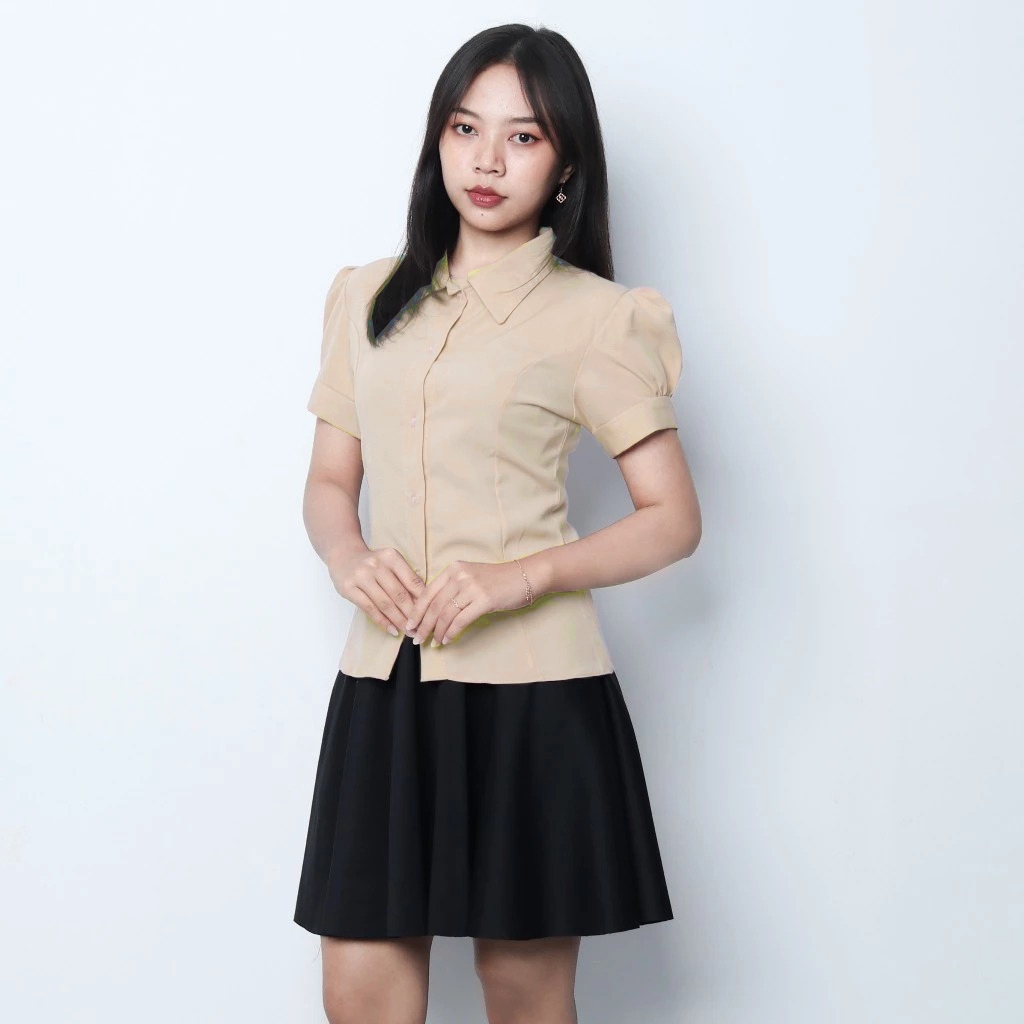 Elya Blouse Formal Kasual Wanita – Kancing Depan Lengan Puff Stylish – Model Slim Fit by Knara CREAM