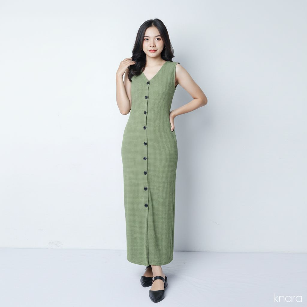 Dress Wanita Tanpa Lengan Bahan Knit | Slim Dress Sleeveless Button by Knara WAFFLE - MATCHA