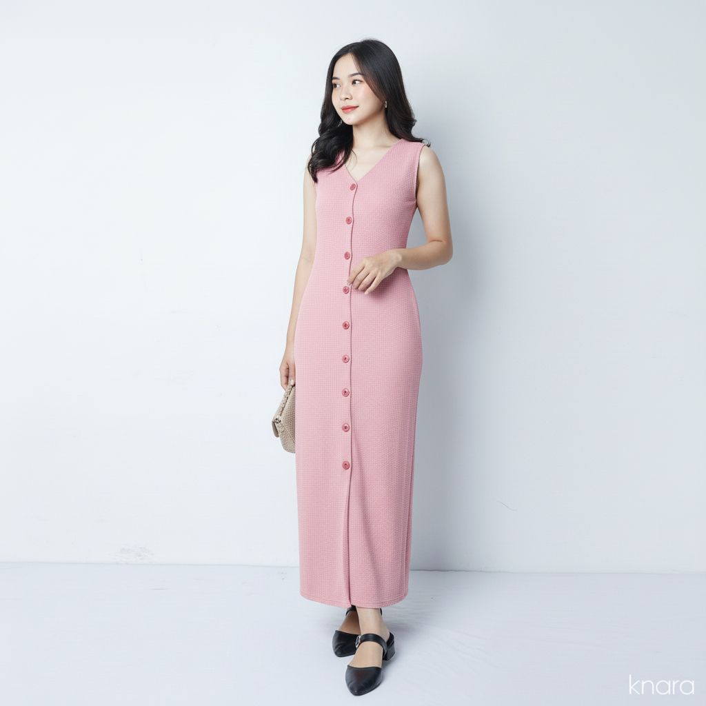 Dress Wanita Tanpa Lengan Bahan Knit | Slim Dress Sleeveless Button by Knara WAFFLE - SOFT PINK