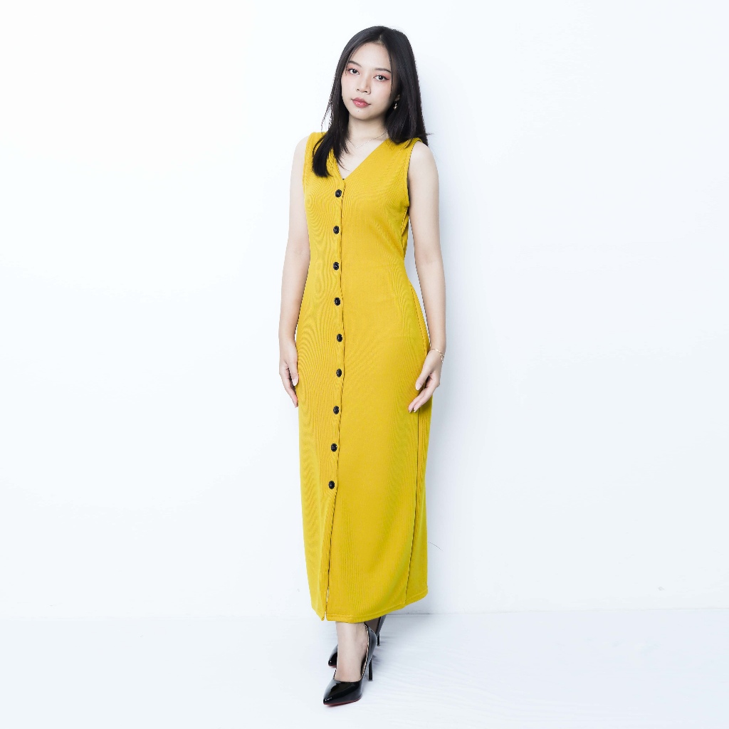 Dress Wanita Tanpa Lengan Bahan Knit | Slim Dress Sleeveless Button by Knara KNIT - MUSTARD