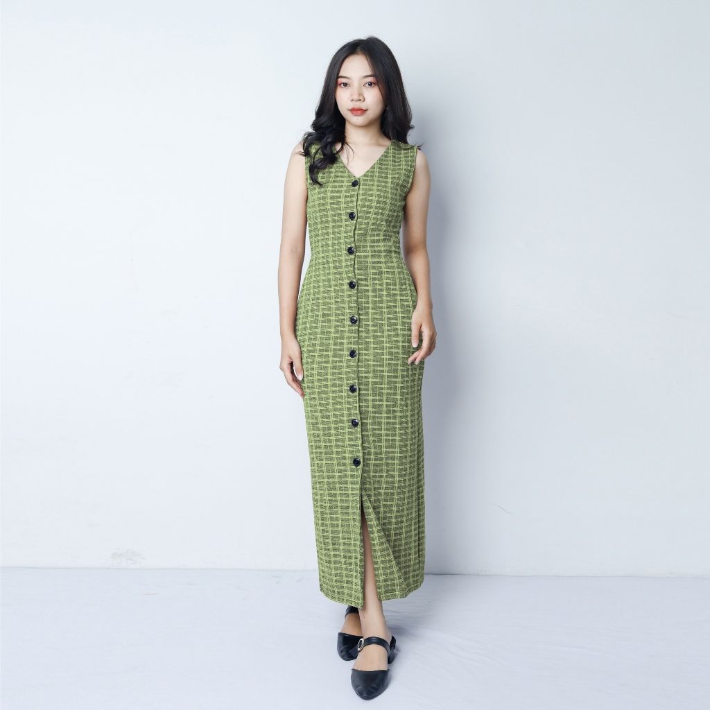 Dress Wanita Tanpa Lengan Bahan Knit | Slim Dress Sleeveless Button by Knara GREEN