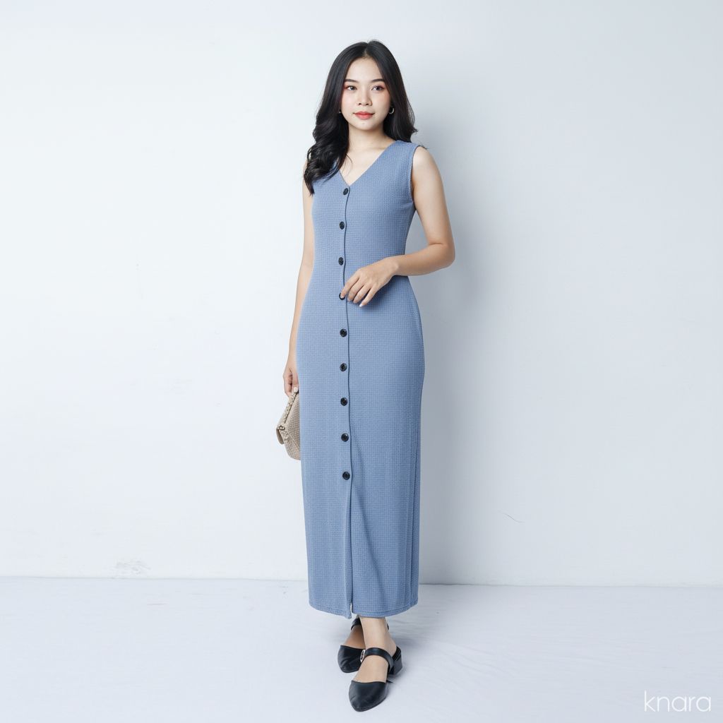 Dress Wanita Tanpa Lengan Bahan Knit | Slim Dress Sleeveless Button by Knara WAFFLE - SOFT BLUE