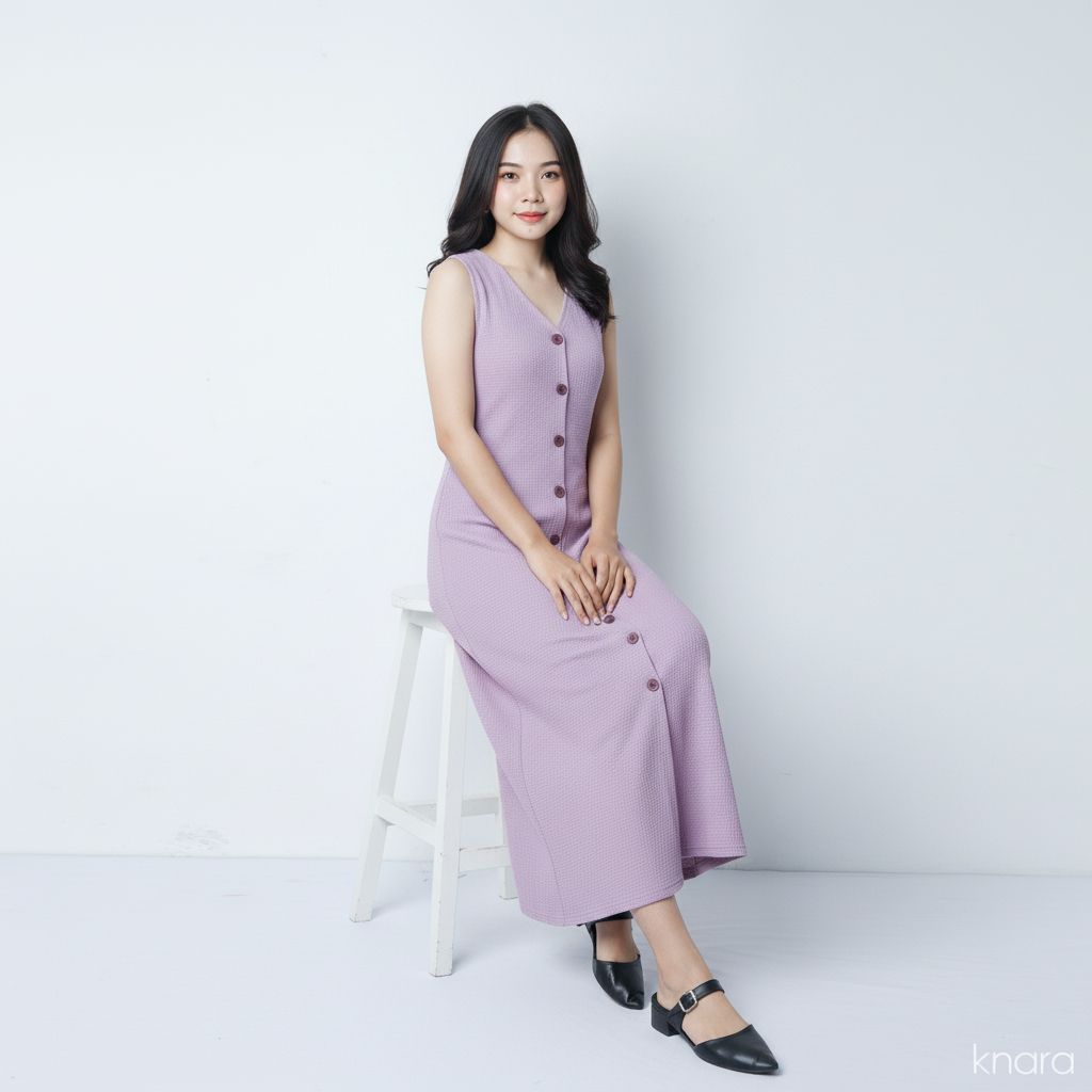 Dress Wanita Tanpa Lengan Bahan Knit | Slim Dress Sleeveless Button by Knara WAFFLE - LAVENDER