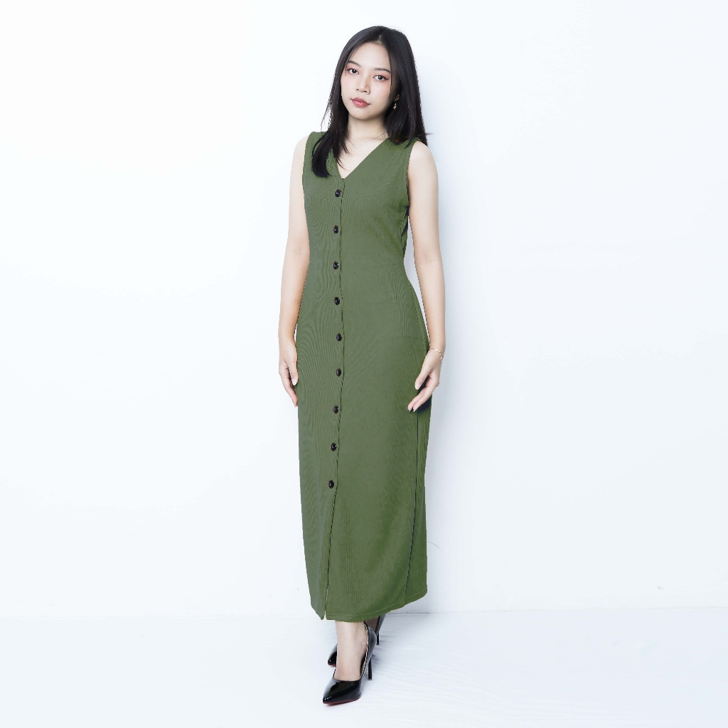 Dress Wanita Tanpa Lengan Bahan Knit | Slim Dress Sleeveless Button by Knara KNIT - ARMY