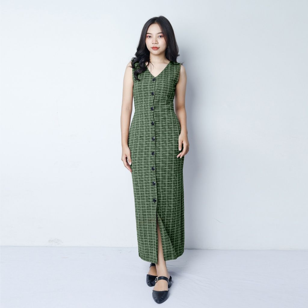 Dress Wanita Tanpa Lengan Bahan Knit | Slim Dress Sleeveless Button by Knara DARK GREEN