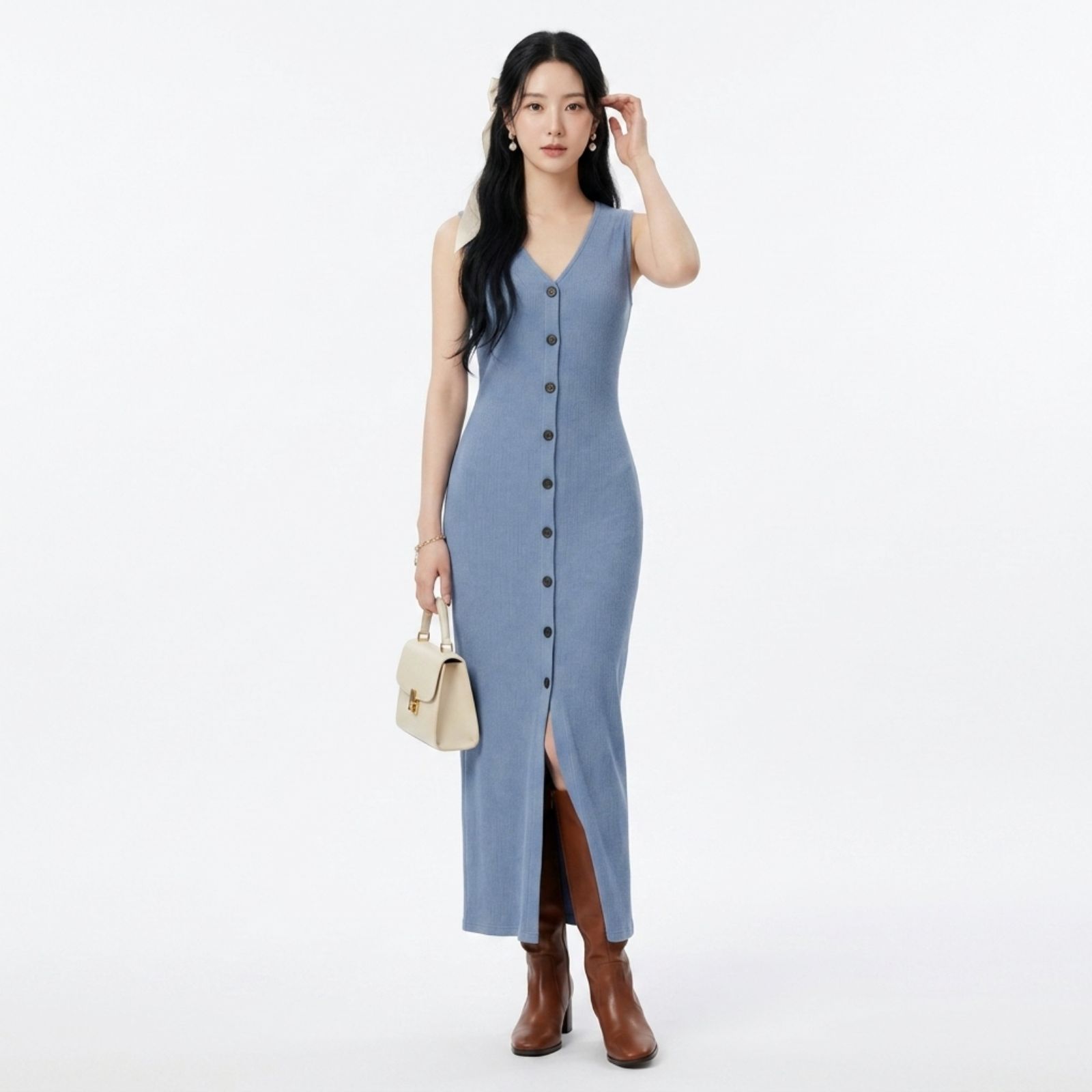 Dress Wanita Tanpa Lengan Bahan Knit | Slim Dress Sleeveless Button by Knara sampul