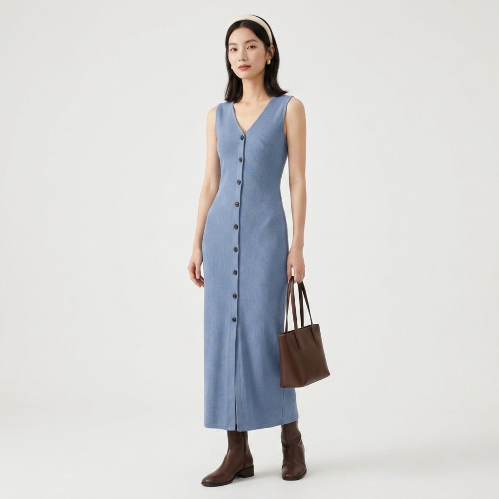 Dress Wanita Tanpa Lengan Bahan Knit | Slim Dress Sleeveless Button by Knara sampul