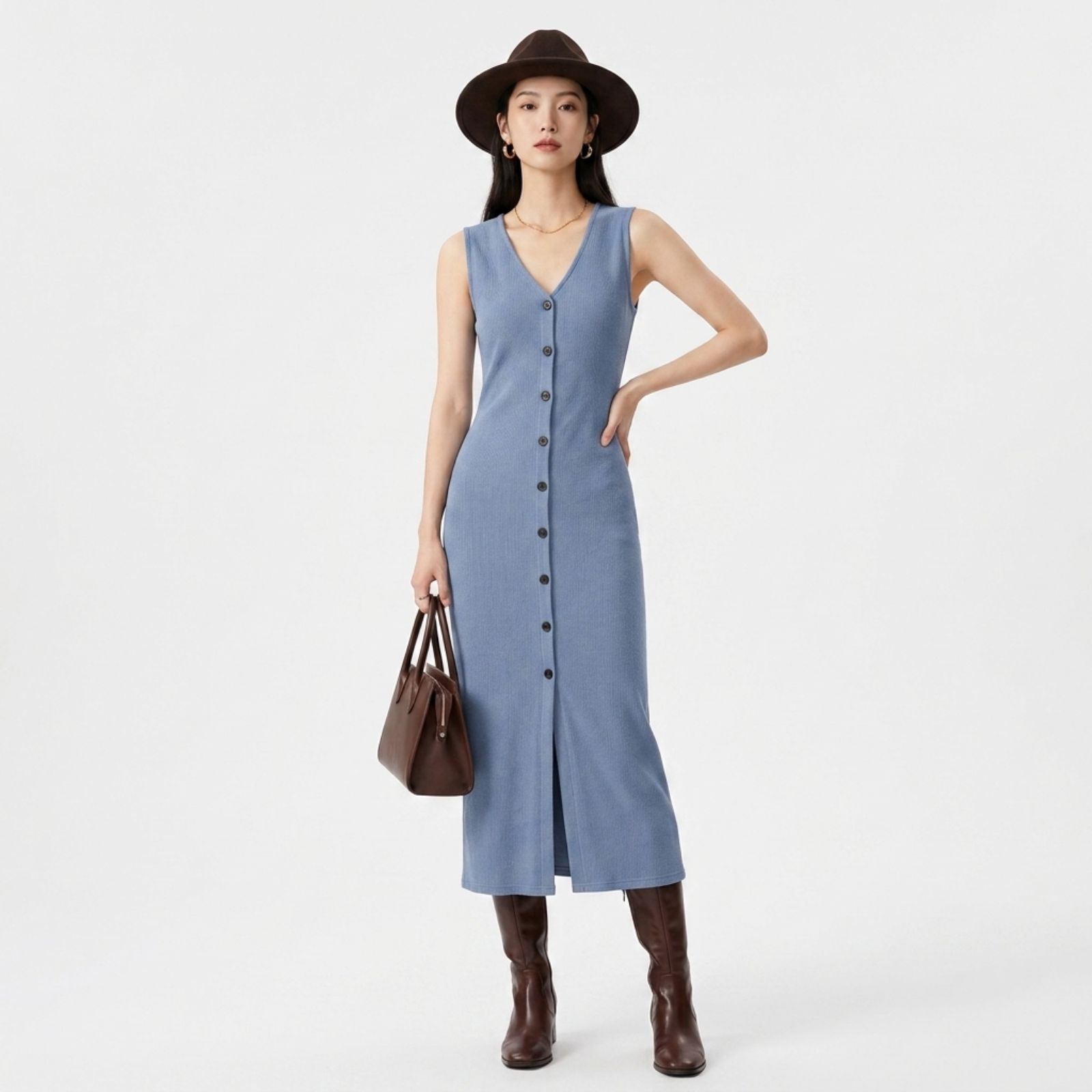Dress Wanita Tanpa Lengan Bahan Knit | Slim Dress Sleeveless Button by Knara sampul