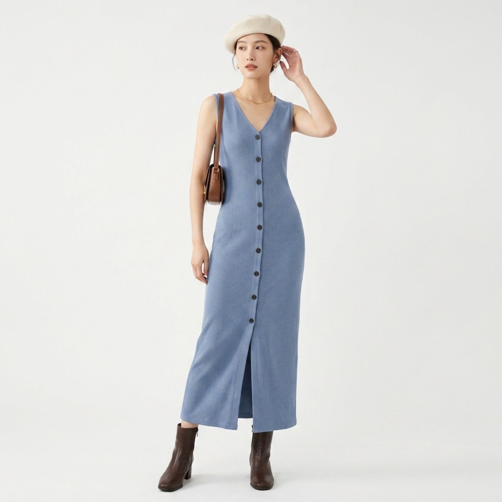 Dress Wanita Tanpa Lengan Bahan Knit | Slim Dress Sleeveless Button by Knara sampul