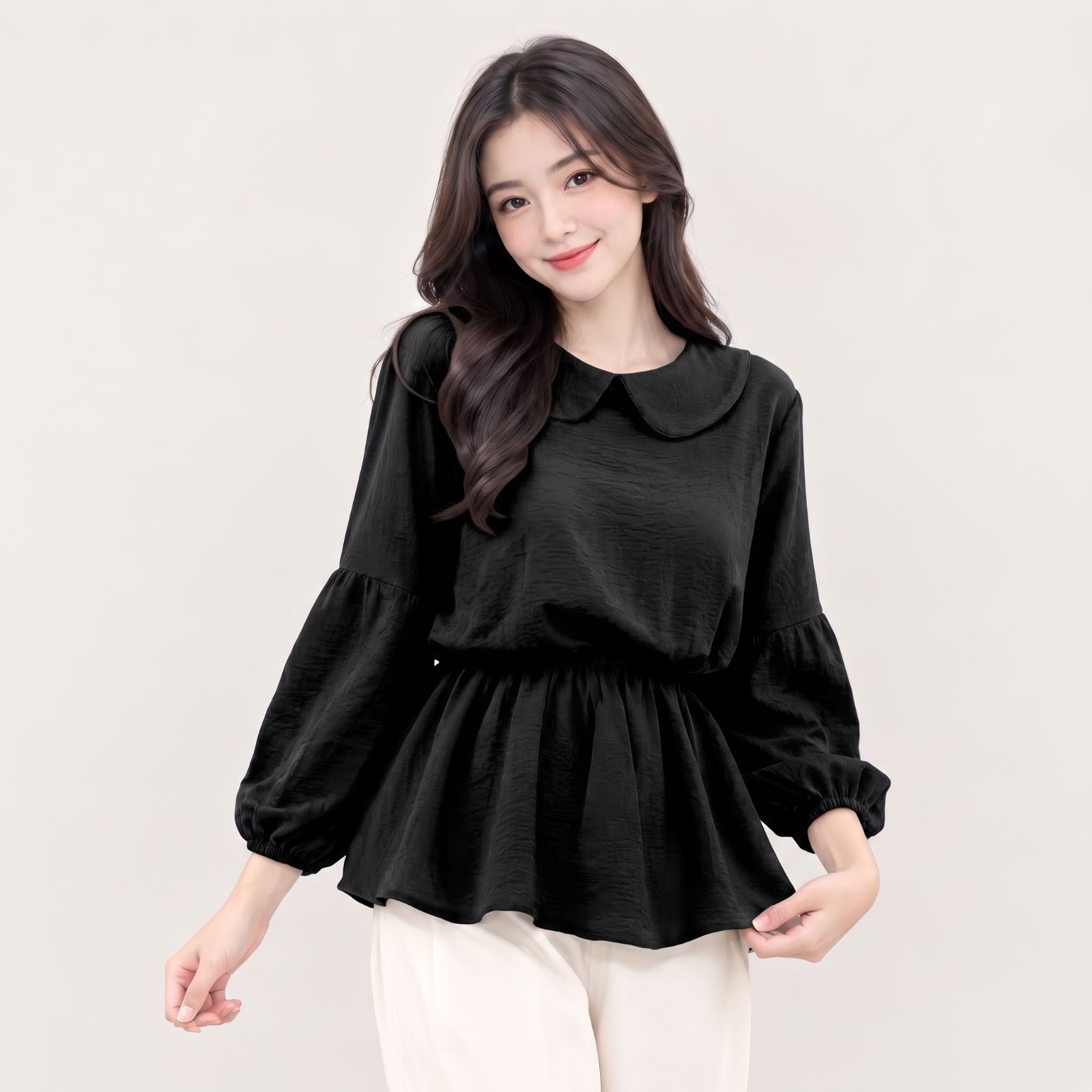 Karin Blouse Crinkle Serut Pinggang | Blouse Wanita Crinkle HITAM