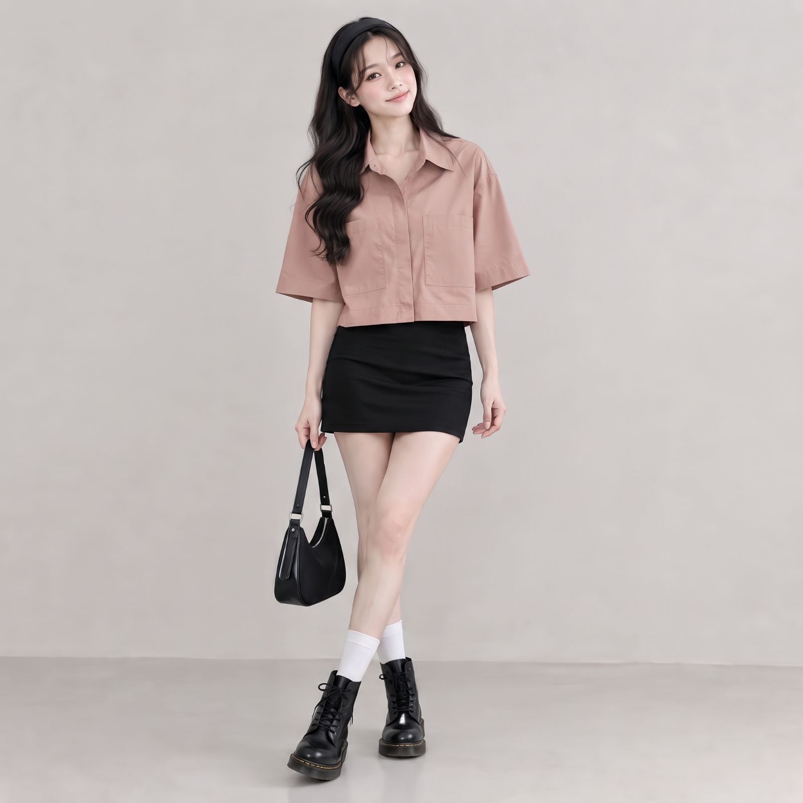 KEMEJA CROP LINEN | OVERSIZE CROP SHIRT LINEN BY YOUNIQ PEACH
